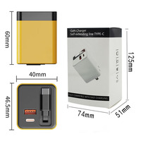 Chargeur rapide GaN 65W 2 ports USB-A/Type-C PD avec câble USB-C rétractable pour ordinateur portable, téléphone, tablette, appareil photo, logo personnalisé gratuit