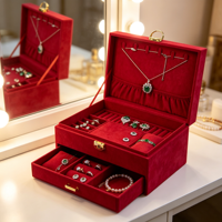 Grande boîte à bijoux carrée de luxe en velours avec serrure, étui de rangement multi-niveaux pour collier, bague, boucles d'oreilles, bracelet