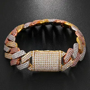 19mm Hiphop Bracelet 2 tone 3 Rows CZ Stone Box Buckle 14kt 18k Gold Plated Miami Cuban Link Bracelet For Men