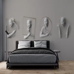 Bedroom embossed woman face 3D mural with gray decorative wallpaper
