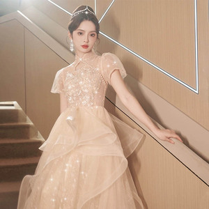Champagne Cheongsam Evening Dress High Neck Empire Waist 3D Stereoscopic Patterns Chinoiserie Coming Of Age Ceremony Gown - Product Image 1