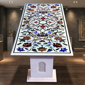 Mesa de Comedor Moderna y Duradera con Incrustaciones de Mármol Blanco de Lujo, Hecha a Mano con Tecnología Pietra Dura, Apta para Conferencias - Product Image 4