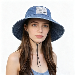 Sombrero de Pescador de Mezclilla Lavada con Parche, Sombrero de Algodón de Ala Ancha para Protección Solar, Ideal para Viajes al Aire Libre - Product Image 2