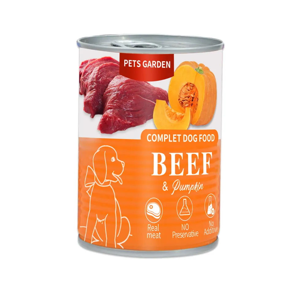 Pemasok 375g OEM, ODM makanan ringan anjing semua jenis makanan sapi basah kaleng, ayam, daging bebek makanan hewan peliharaan