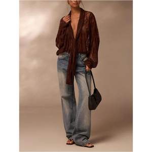 เสื้อผู้หญิงลูกไม้ตาข่ายแบบสั่งทำพิเศษ คอวีลึก แขนยาว ผ้าบาง ผูกโบว์ด้านหน้า ใส่ได้ทุกวัน - Product Image 2