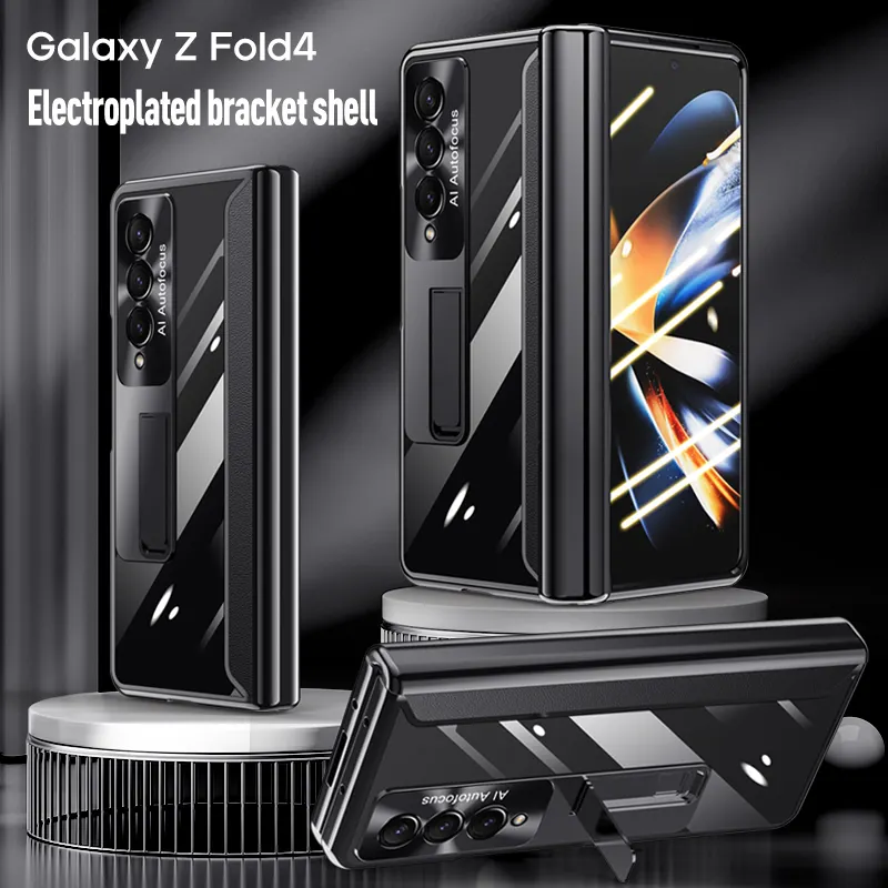 Metal Lens Plating Case For Samsung Galaxy Z Fold 4 Electroplated Case With Magnetic Stand Hard Phone Cover For Galaxy Z Fold 4