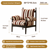 Fauteuil d'appoint rayé élégant de style vintage français, avec cadre en bois massif et revêtement en coton et lin, pour salon