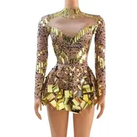 Robe de soirée miroir scintillante noire extensible pour scène, tenue de danse pour boîte de nuit, robe à sequins pour femme, vêtements de performance pour danseuse