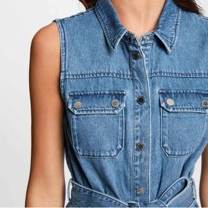 Vestidos de Mezclilla Casuales Largos para Mujer, Diseño Nuevo, con Cinturón y Botones, Sin Mangas, Color Azul Claro, Venta al Por Mayor - Product Image 4