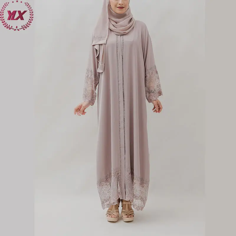 2023 nouveau Design vêtements islamiques Style ouvert Nida dentelle florale ivoire modeste Mauve Abaya robes dubaï