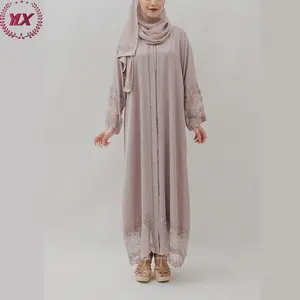 2023 New Design Islamic Clothing Open Style Nida Floral Lace Ivory Modest Mauve Abaya Dresses Dubai