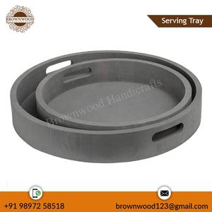 Elegantes Bandejas Redondas de Madera de Mango Hechas a Mano, Estilo Occidental, Color Gris, con Asas, Juego de 2 para Servir Comida y Decoración - Product Image 5