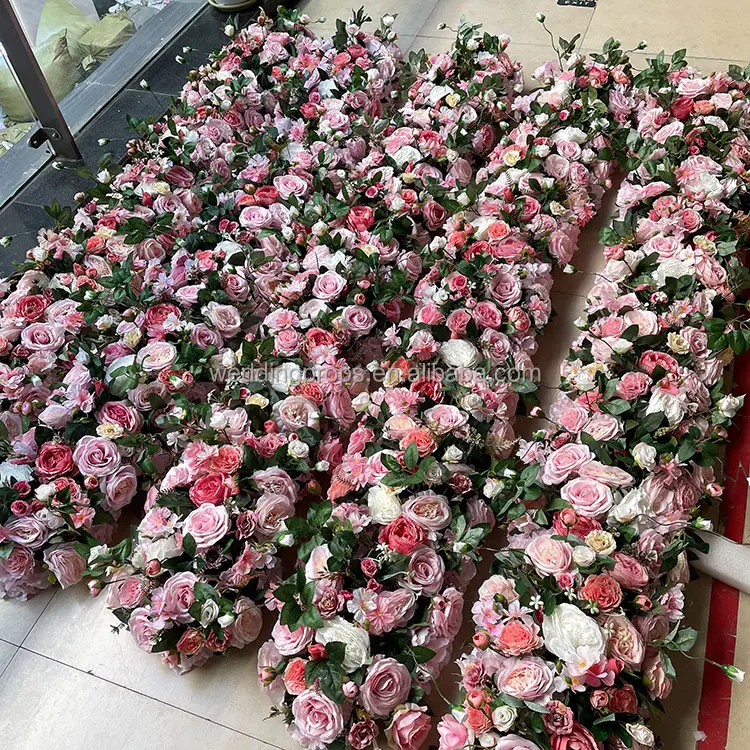 शादी की सजावट 3D लंबे समय सारणी फूल छोड़ने के लिए दुल्हन दूल्हे गुलाबी गुलाब टेबल धावक