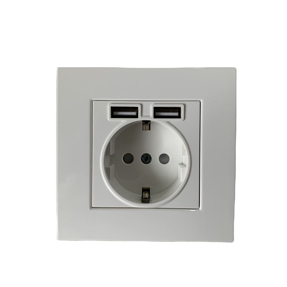 EU Standard 2P+T Socket 2USB White Color Ready to Ship USB Power Wall Socket