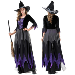 Witch Costume Black <b>Purple</b> Dress With <b>Hat</b> Women Halloween Cosplay Fancy Dress Role Play Set - Product Image 1