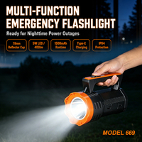 Projecteur d'urgence portable 5W LED rechargeable USB-C, 3 modes, en ABS, pour patrouille, camping et pannes de courant
