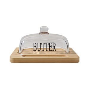 Beurrier en bambou avec couvercle en verre avec couteau, gardien de <span class=keywords><strong>beurre</strong></span> et épandeur pour <span class=keywords><strong>cuisine</strong></span>, table à manger, petit déjeuner - Product Image 1