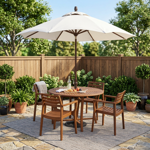 Outdoor Teak Garden Set Round Patio <b>Table</b> and Chairs <b>Umbrella</b> Furniture for Hotel Park Balcony - Product Image 1