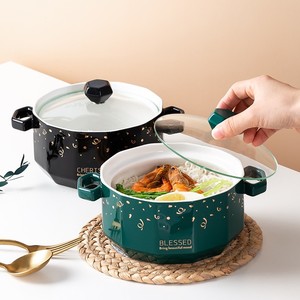 Cuenco de porcelana con tapa transparente para sopa, cuencos de cerámica con borde dorado de 800 ML - Product Image 4