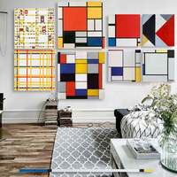 Peinture murale moderne abstraite Mondrian, blocs de couleurs rouge, jaune, bleu, carrés, sans cadre, peinture décorative esthétique pour chambre d'enfant