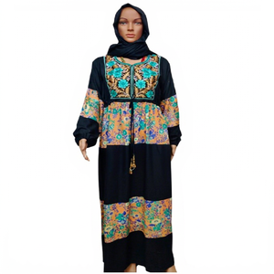 Robe Abaya en coton imprimé à manches longues pour femmes, col brodé, Jalabiya pour le Ramadan avec hijab assorti, vente en gros - Product Image 1