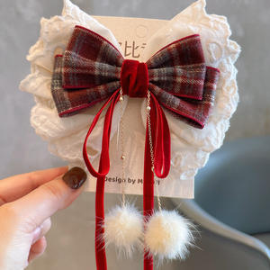 어린이 와인 레드 플러시 리본 헤어 클립 소녀 레이스 리본 이중 레이어 헤어핀 귀여운 진주 헤어핀 액세서리 - Product Image 2