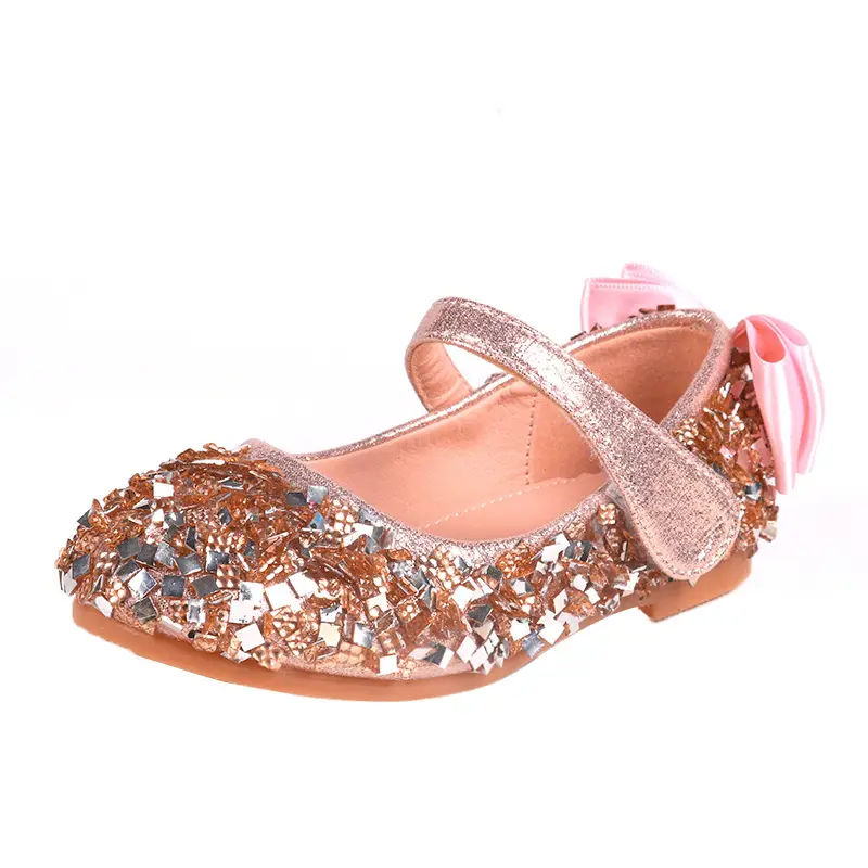 Primavera Nuevas sandalias de boda para niños para niñas zapatos de princesa Zapatos de vestir brillantes con lazo