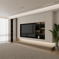 Système mural TV monolithique sur mesure en crème, silhouettes radiales, plinthe flottante, éclairage d'ambiance pour projet de penthouse de luxe