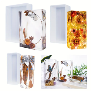 Five Wooden Brackets with Deep Epoxy Resin Mold Geometric Pattern for Specimen Preservation on Bookshelf Model Five Resin Molds