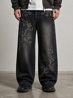 Jean baggy Y2K personnalisé mi-lourd pour homme, coupe large, en denim délavé noir, imprimé, avec coutures laser et œillets métalliques
