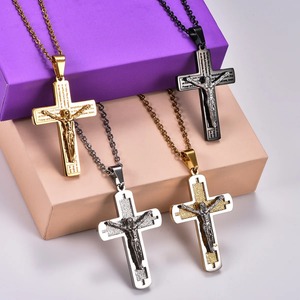 Collier pendentif croix de Jésus en acier inoxydable pour femmes et hommes, avec breloques imprimées Bible, chaîne en métal, amulette, bijou cadeau - Product Image 2
