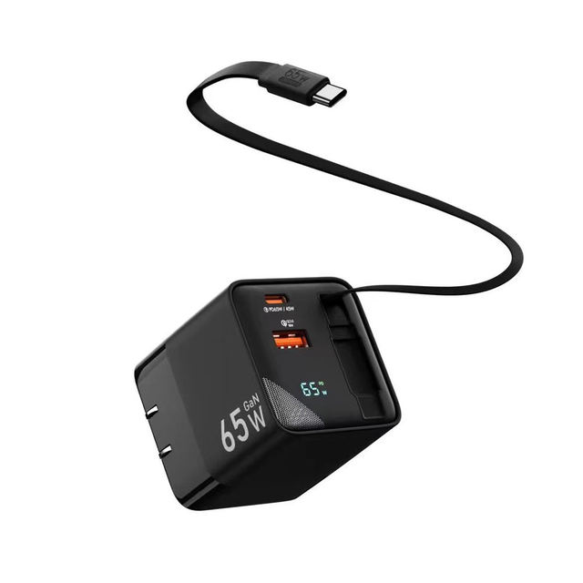 LED Display GaN 65W Travel Wall Fast Charger Dual USB C PD QC3.0 with Retractable Usb-c Cable for iphone Tablet
