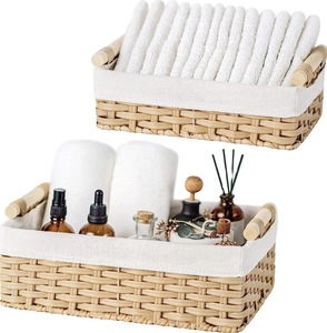 Ensemble 3 paniers rectangulaires en osier avec poignées en bois pour étagères paniers de rangement en jacinthe d'eau jonc de mer naturel pour organiser