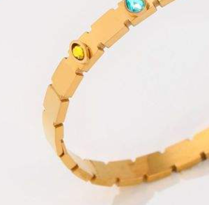 Bracciale in Acciaio Inossidabile con Zirconi Colorati Quadrati, Placcato Oro, Gioiello Unisex alla Moda - Product Image 4