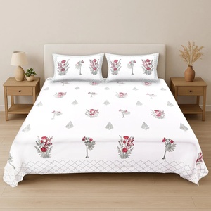 Cottagecore Floral Bedsheet Set | White Block Print Cotton Bedding Handmade <b>Flat</b> Sheet with <b>Pillow</b> Covers Soft Boho Aesthetic - Product Image 1