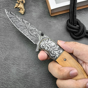 Couteau pliant d'extérieur, motif imprimé en 3D, couteau à fruits portable EDC, haute dureté 8Cr13MoV, outil de chasse et de camping, manche en bois - Product Image 1