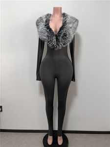 D3030-Ropa de otoño para mujer 2025 Fiesta de moda Manga larga cuello en <span class=keywords><strong>V</strong></span> Pie Sin dedos Furry Gris oscuro Bodycon <span class=keywords><strong>Mono</strong></span> - Product Image 5
