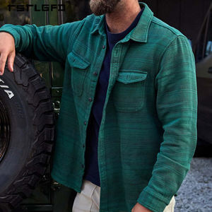 Chemises à carreaux pour hommes en coton recyclé, design personnalisé, haute qualité, décontractées, avec poche, classiques, vert forêt, manches longues, en flanelle, col montant - Product Image 3