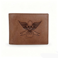Portefeuille en cuir Crazy Horse pour homme avec motif gravé au laser, portefeuille à rabat en cuir et poche pour cartes et monnaie, emballé dans une boîte cadeau