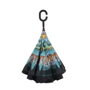 New Creative Custom Printing Hook C Handle Reverse Umbrella Self-standing Double Layer Windproof Inverted umbrella