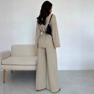 Setelan Wanita 2 Potong, Kedatangan Baru 2026 Blus Berikat dengan Celana Kaki Lebar, Setelan Kantor Elegan untuk Wanita. - Product Image 4