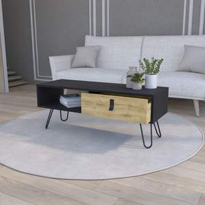 Table basse de style ferme Magness DB noir/macadamia avec tiroirs en verre et bois MDF durable pour le salon ou l'entrée - Product Image 2