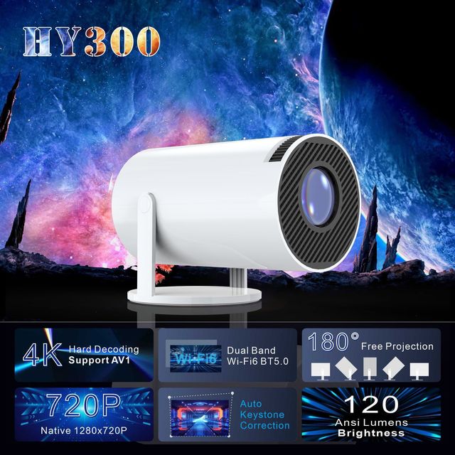 HY300 Cannon Tube Smart Projector 180 Degree Rotatable WiFi 6 Android 11.0 Portable Mini Projector 130 Inch Home Theater Cinema