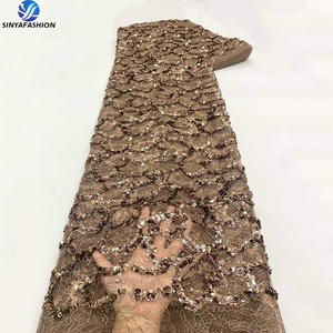 Tissu en dentelle filet <span class=keywords><strong>français</strong></span> Sinya de luxe écologique à sequins 3D, 5 yards, en tulle à écailles de poisson, pour mariage traditionnel et fête Aso Ebi - Product Image 4