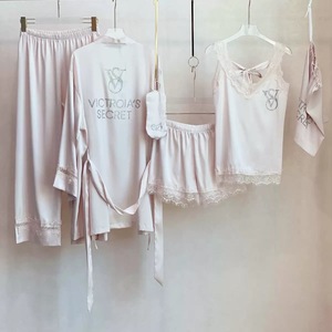 Conjunto de Pijama de Seda de Hielo para Mujer, Diseño de Rayas y Bloques de Color con Ribete de Encaje, Cuatro Piezas - Product Image 5