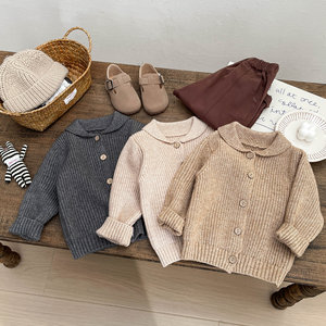 Vêtements pour enfants coréens du début du printemps, <span class=keywords><strong>pull</strong></span> pour enfants, printemps/automne, cardigan en acrylique tricoté rétro uni pour bébé garçon, nourrisson - Product Image 1