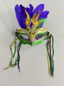 หน้ากากงานคาร์นิวัลมาร์ดิกราส์พร้อมพู่ดีไซน์ทันสมัยขนนกสีม่วงสีเขียวทองสำหรับตกแต่งงานปาร์ตี้ - Product Image 2