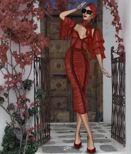 Novo vestido bodycon com faixa apertada, feminino, vermelho, sexy, midi