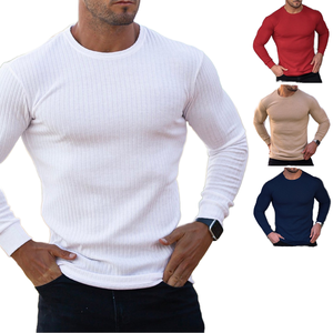 T-shirts décontractés pour hommes, col rond, coupe ajustée, manches longues, couleur unie, non tissé, séchage rapide, polyester/coton, pour le sport, collection automne - Product Image 1