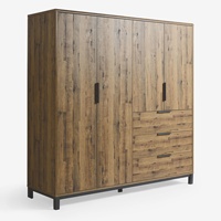 Lemari Pakaian Modern Custom dengan 4 Pintu 3 Laci Desain Flat Berdiri Sendiri Lapisan Kayu Melamin Motif Serat Kayu Lemari Penyimpanan Kecil